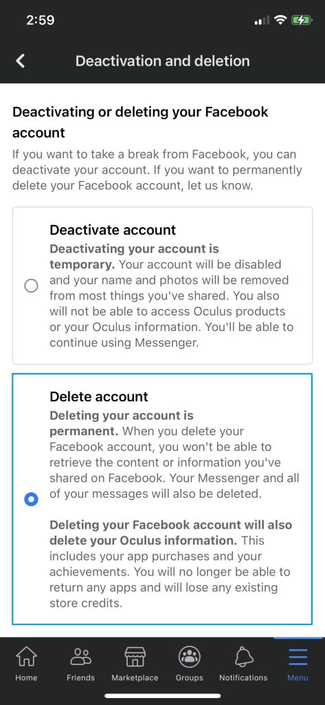 حذف الفيسبوك